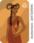 Aries sign. Horoscopes. Vector illustration of a beautiful African woman in the image of Aries. Horns, fire flower, warm palette symbolizes strength, energy. Use for print, social networks, astrology