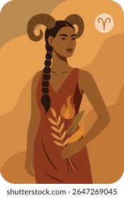 Aries assina. Horóscopos. Ilustração vetorial de uma linda mulher africana à imagem de Aries. Chifres, flor de fogo, paleta quente simboliza força, energia. Uso para impressão, redes sociais, astrologia