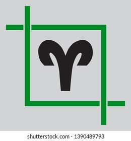 Aries sign illustration. Black icon inside green crop tool at light gray background