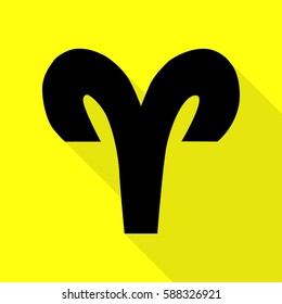 Aries sign illustration. Black icon with flat style shadow path on yellow background.