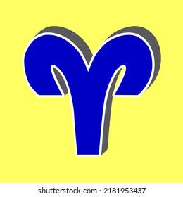 Aries sign illustration. Blue Icon with white stroke in 3d at yellow Background. Illustration.