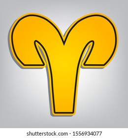 Aries sign illustration. Flat orange icon with overlapping linear black icon with gray shadow at whitish background. Illustration.
