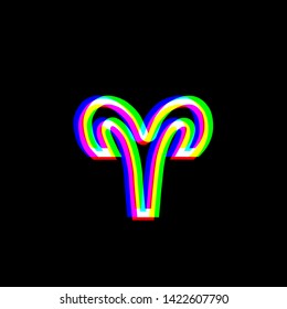 Aries sign illustration. Red, green and blue unfocused contour icon at black background. Illustration.