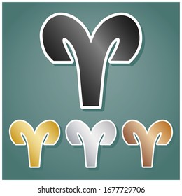 Aries sign illustration. Set of metallic Icons with gray, gold, silver and bronze gradient with white contour and shadow at viridan background. Illustration.