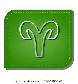 Aries sign illustration. Silver gradient line icon with dark green shadow at ecological patched green leaf. Illustration.