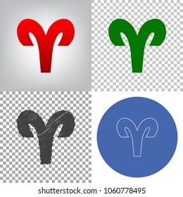Aries sign illustration. Vector. 4 styles. Red gradient in radial lighted background, green flat and gray scribble icons on transparent and linear one in blue circle.