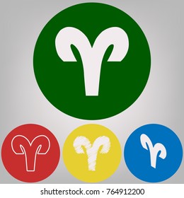 Aries sign illustration. Vector. 4 white styles of icon at 4 colored circles on light gray background.