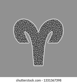 Aries sign illustration. Vector. Black maze filled icon with white border at gray background.
