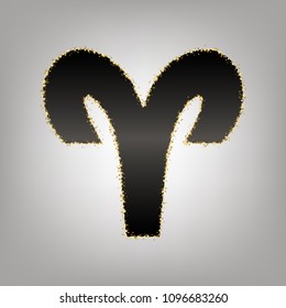 Aries sign illustration. Vector. Blackish icon with golden stars at grayish background.
