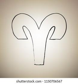 Aries sign illustration. Vector. Brush drawed black icon at light brown background.