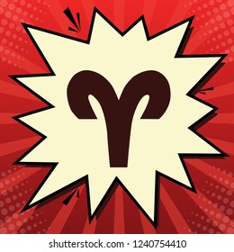 Aries sign illustration. Vector. Dark red icon in lemon chiffon shutter bubble at red popart background with rays.