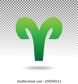 Aries sign illustration. Vector. Green gradient icon with shadow at bottom on transparent and white background.