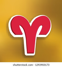 Aries sign illustration. Vector. Magenta icon with darker shadow, white sticker and black popart shadow on golden background.