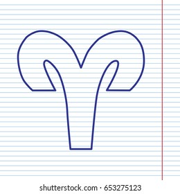 Aries sign illustration. Vector. Navy line icon on notebook paper as background with red line for field.