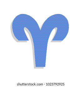Aries sign illustration. Vector. Neon blue icon with cyclamen polka dots pattern with light gray shadow on white background. Isolated.