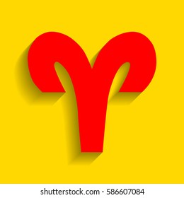 Aries sign illustration. Vector. Red icon with soft shadow on golden background.