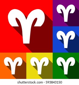 Aries sign illustration. Vector. Set of icons with flat shadows at red, orange, yellow, green, blue and violet background.