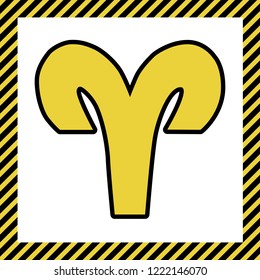 Aries sign illustration. Vector. Warm yellow icon with black contour in frame named as under construction at white background. Isolated.