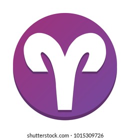 Aries sign illustration. Vector. White icon with flat shadow on purpureus circle at white background. Isolated.