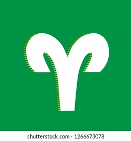 Aries sign illustration. Vector. White flat icon with yellow striped shadow at green background.