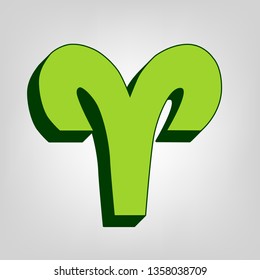 Aries sign illustration. Vector. Yellow green solid icon with dark green external body at light colored background.