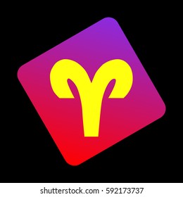 Aries sign illustration. Vector. Yellow icon at violet-red gradient square with rounded corners rotated for dynamics on black background.