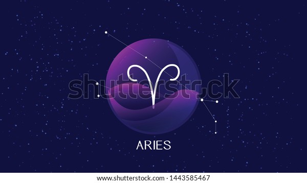 Aries sign, zodiac background. Beautiful and simple\
vector image of night, starry sky with aries zodiac constellation\
behind glass sphere with encapsulated aries sign and constellation\
name. 