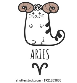 Aries sign of the zodiac, Cat zodiac, Astrological Sign. Cat horoscope. Zodiac of pets. The hand drawing is isolated on a white background