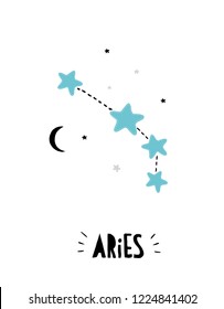 Aries Sign.Cute Bright Hand Drawn Zodiac Vector Illustration. Blue, Black and Light Gray Stars on a White Background. Black Moon. Childish Style Starry Sky Illustration. Black Handwritten Text.