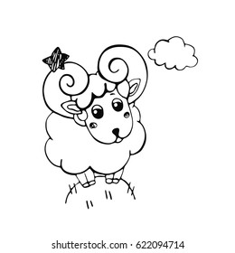 Aries is standing on a hill/Vector linear image of children's zodiac signs, sketch style