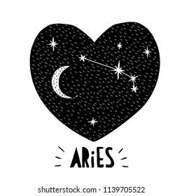 Aries Symbol.Naive Hand Drawn Zodiac Vector Illustration. Black Heart on a White Background. Black and White Stars and Moon. Starry Night Sky with Moon and Aries Sign in the Middle of Black Heart. 