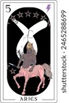 Aries. Tarot card design featuring a pink centaur surrounded by stars.