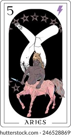 Aries. Tarot card design featuring a pink centaur surrounded by stars.