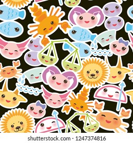 Aries, Taurus, Gemini, Cancer, Leo, Virgo, Libra, Scorpio, Sagittarius, Capricorn, Aquarius and Pisces Seamless pattern Funny Kawaii zodiac sign, astrological stikers, black background. Vector