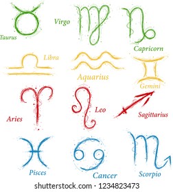 Aries, Taurus, Leo, Gemini, Virgo, Scorpio, Libra, Aquarius, Sagittarius, Pisces, Capricorn, Cancer vectors isolated on white background. Astrology sign collection of 12 hand drawn zodiac icons