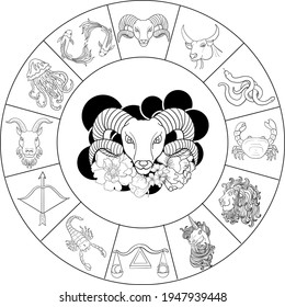 Aries vector of Astrology design.horoscope circle with signs of zodiac set vector.signs such as a aries, taurus, gemini, cancer, leo, virgo, libra, scorpio, sagittarius, capricorn,aquarius, pisces.