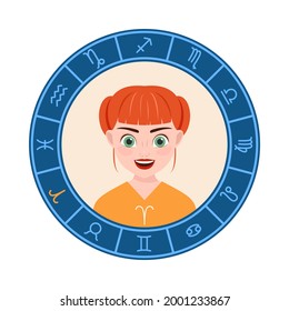 Aries. vector illustration. a cute girl is like a zodiac sign. round symbol on a white background.