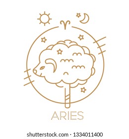 Aries vector sign of the zodiac in circles of golden color on a white background, logo, tattoo or illustration. Astrological forecast, food horoscope for children for a single sign. 