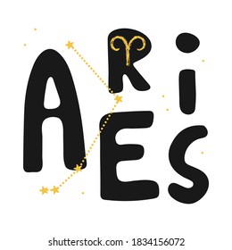 Aries vector zodiac sign. Hand lettering horoscope illustration in cute Scandinavian style. Isolated paint logo. Forecast 2021. Modern card background