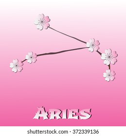 Aries vector Zodiac sign. Paper sakura flowers on pink background.
