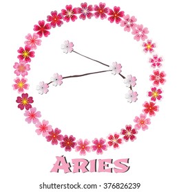 Aries vector Zodiac sign. Sakura flowers on white background.