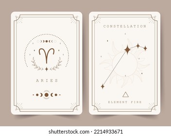 Aries. Tarjetas de brujería con signo de astrología zodiac y constelación. Perfecto para lectores de tarot y astrólogos. Oculta el fondo mágico. Plantilla de horóscopo. Ilustración vectorial al estilo boho.