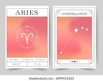 Aries. Witchcraft cards with astrology zodiac sign and constellation. Modern gradient blurred astrology posters in Y2k style. Perfect for tarot readers and astrologers. Vector illustration.