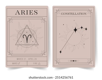 A Aries. Tarjetas de brujería con signo del zodiaco de astrología y constelación. Afiches modernos de astrología bohemia. Perfecto para los lectores de tarot y astrólogos. Ilustración vectorial.