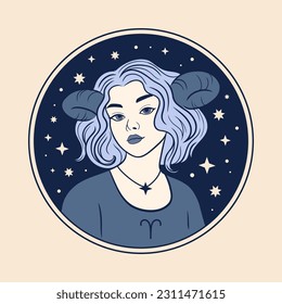 Aries woman zodiac sign, beautiful girl face, horoscope symbol