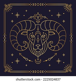 Aries zodiac astrological horoscope golden sign dark navy card. Ram stylized symbol of esoteric, zodiacal astrological calendar, horoscope constellation thin line vector illustration