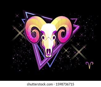 Aries zodiac Astrological horoscope, in retro style on a black background with neon luminous elements, sacred gothic symbols of the constellations, vector horizontal illustration