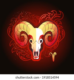 Aries zodiac astrological sign in round shape isolated on white background, in the Gothic style, horoscope with skulls, alchemy and occultism, vector illustration