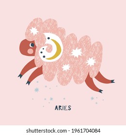 Aries zodiac character nursery poster. Cute cartoon sheep horoscope vector illustration. Magical Boho baby spiritual astrological design. Scandinavian decorative childish print.