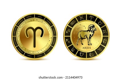 Aries Zodiac Coin Isolated On A White Background. Witchcraft Astrology For Zodiac Constellations. Modern Magic Divination. Gold Coins Sign. Realistic 3D Vector EPS10 Illustration.